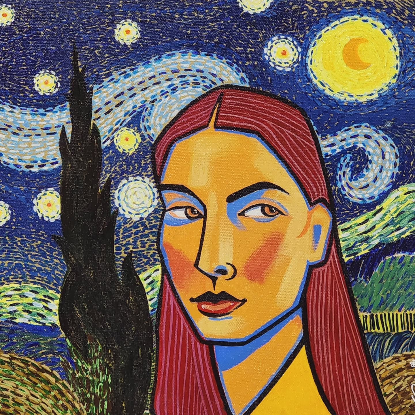 Deep blue abstract artwork with flowing dark strokes.