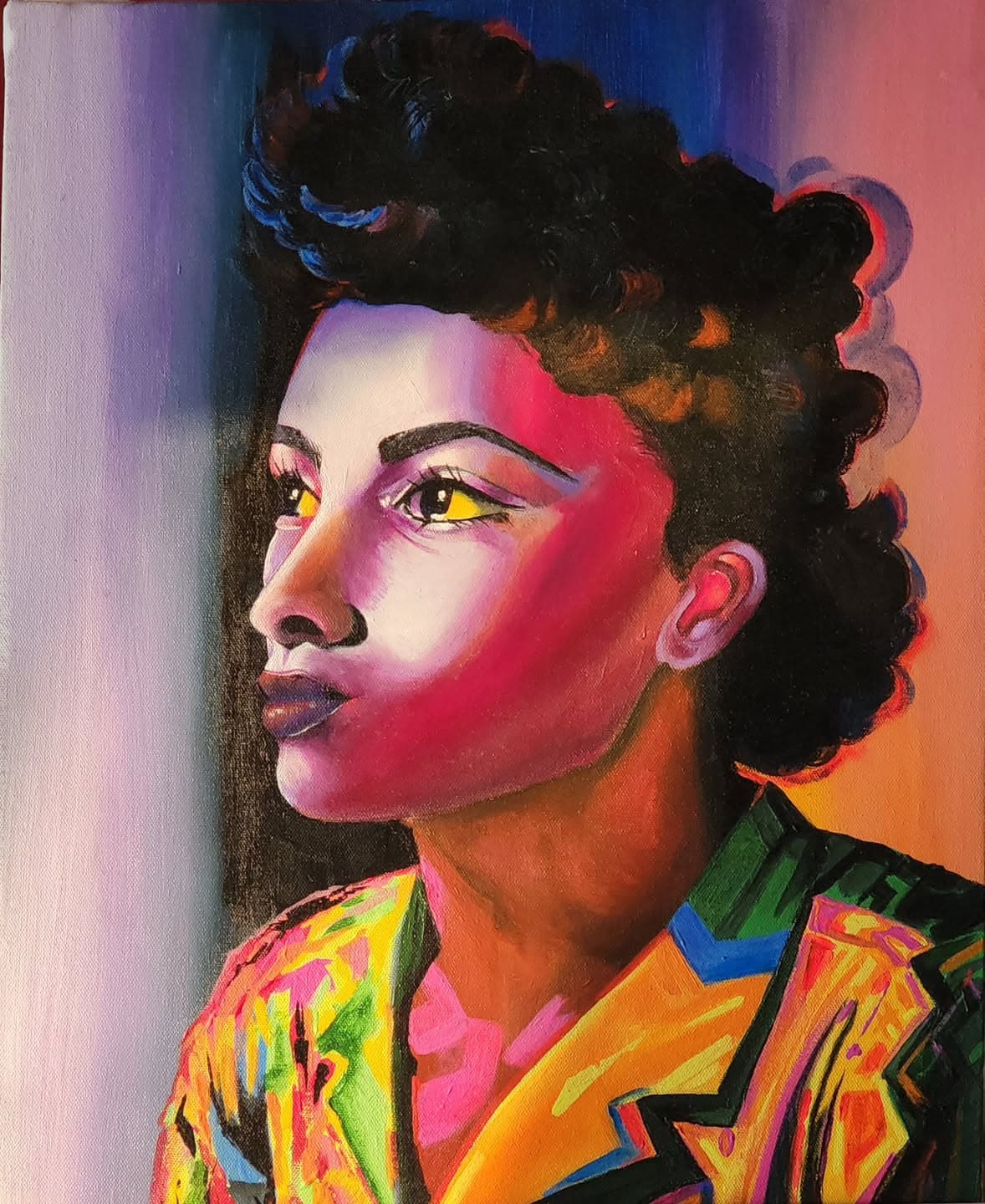 A vivid abstract painting with layered golden and amber tones.