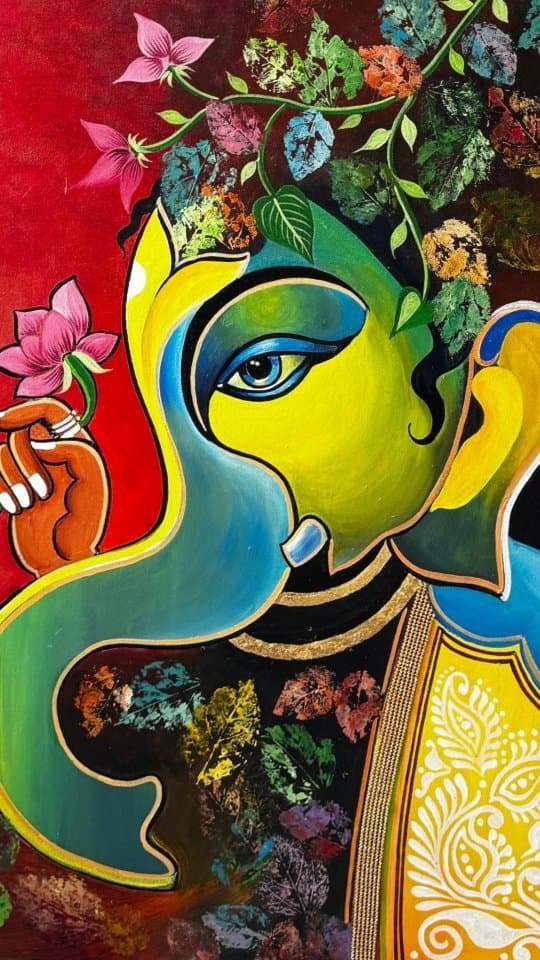 Minimal abstract painting with neutral tones and golden accents.