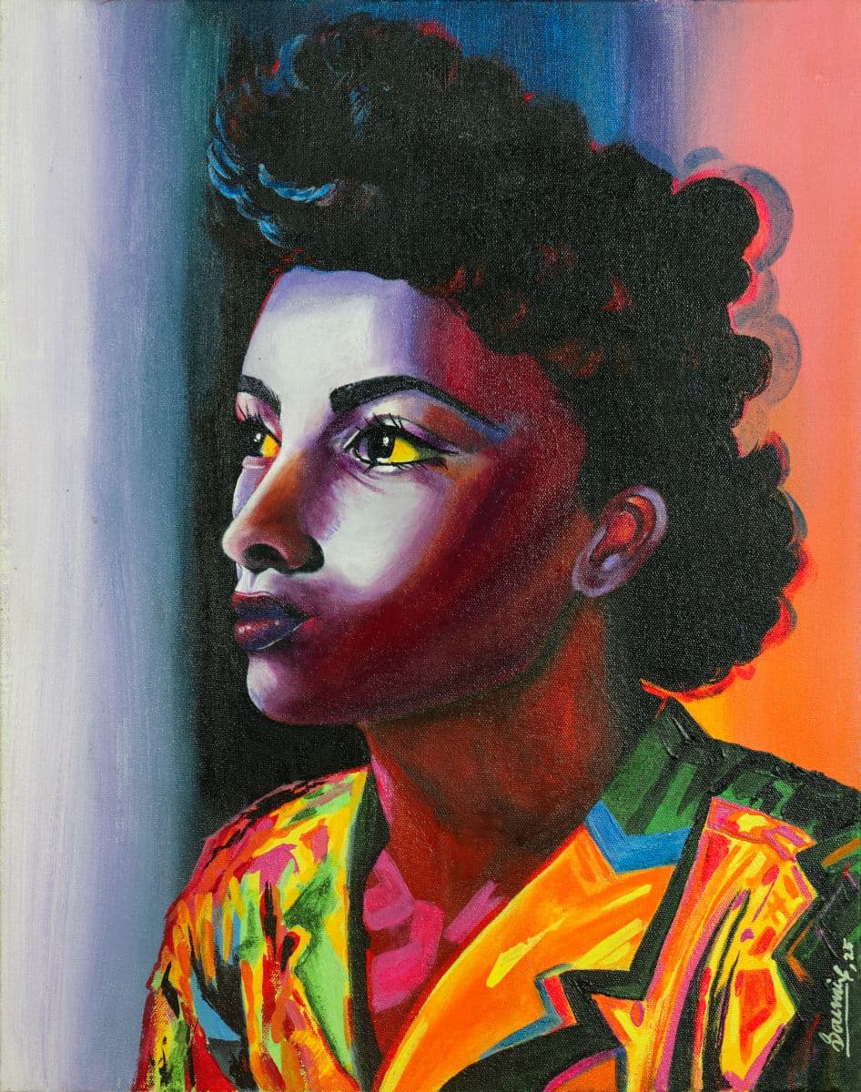 Portrait of a woman with dark sculpted hair, a violet-lit face, and a brightly patterned orange, yellow, and green jacket.